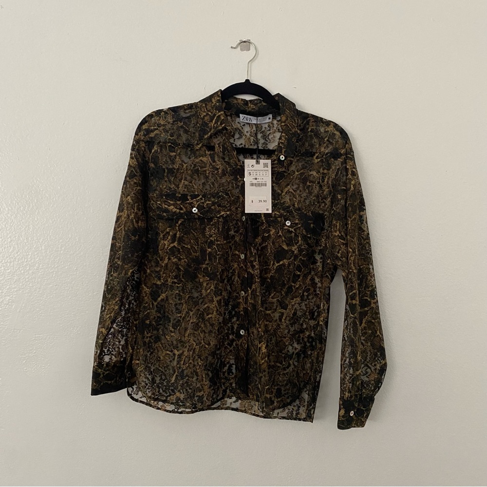 NWT ZARA SNAKE SKIN MESH BUTTON UP BLOUSE